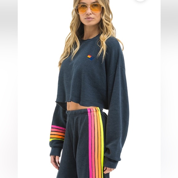 AVIATOR NATION UNISEX RUGBY STITCH CROPPED CREW SWEATSHIRT RELAXED CHARCOAL NEON - Picture 3 of 10